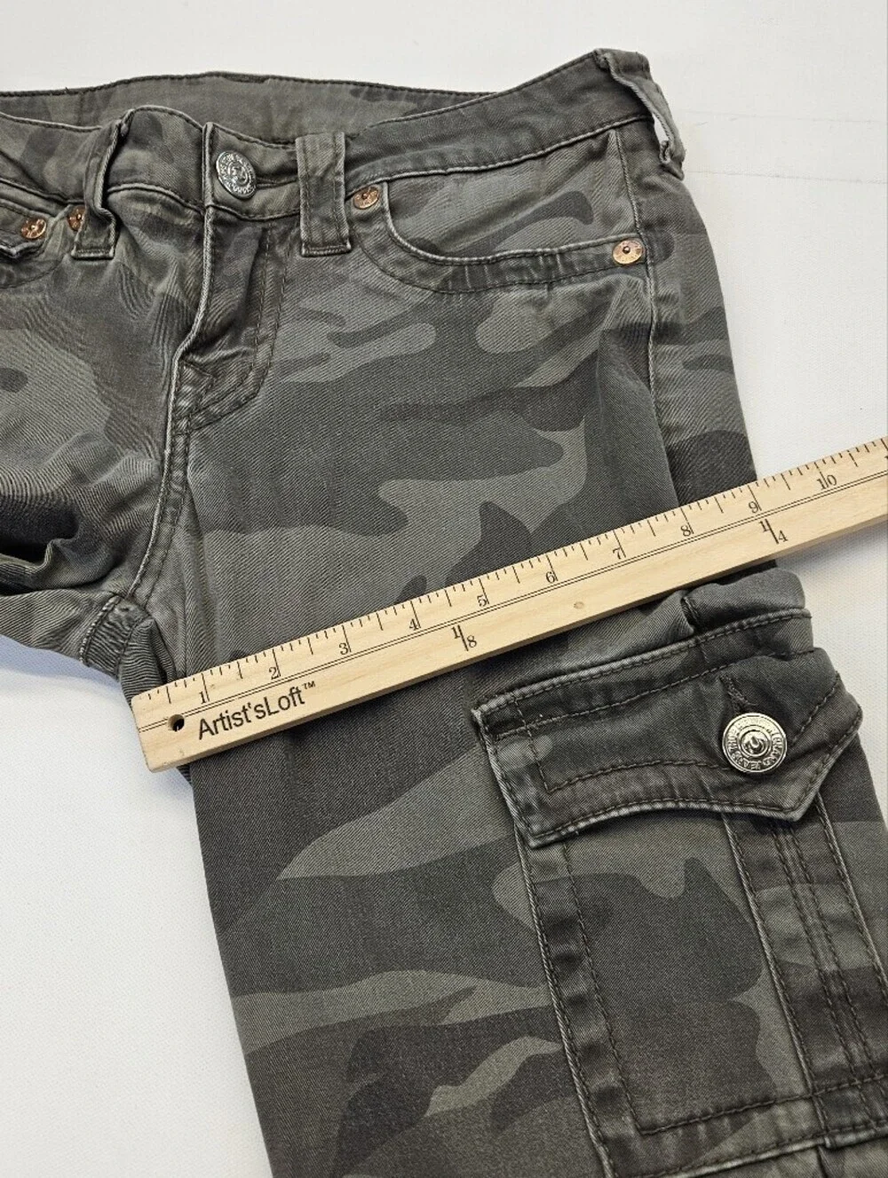 True Religion Green Camo Super Skinny Jeans Pants Size 28 Zipper Ankle Low Rise